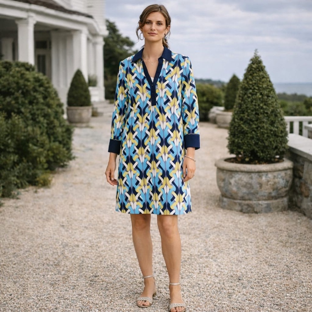 Etcetera Women's Shift Dress Size 8 Geometric Multicolor V-neck Combo 100%‎ SILK